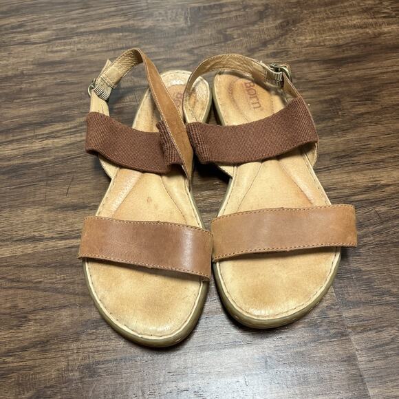 BORN LEATHER SANDALS WOMEN SZ 9M TUSAYAN FLAT BUCKLE BACK STRAP LEATHER ELASTIC - Picture 1 of 6